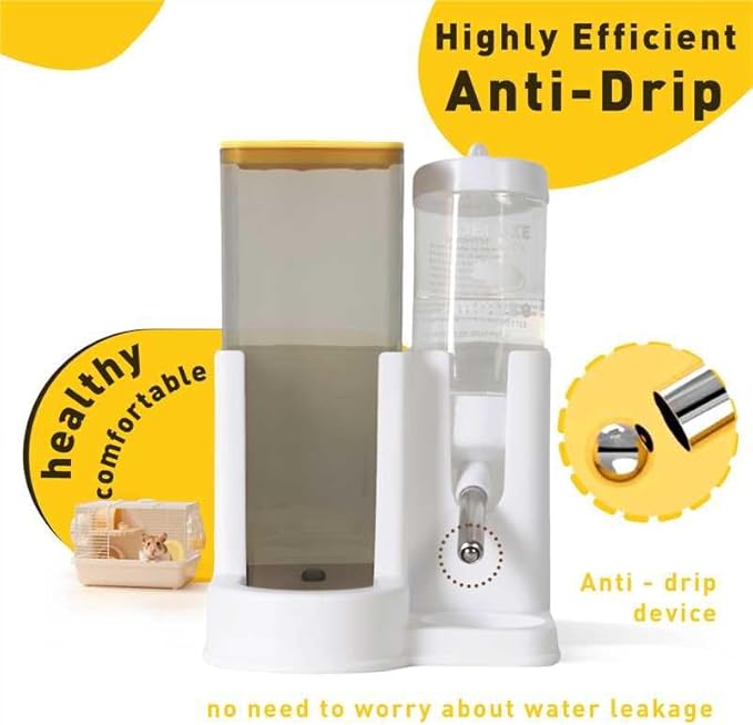 Hamster Water Bottle Standing Guinea Pig Water Dispenser with No Drip 2 in 1 Small Animal Automatic Food Bowl for Cage Accessories for Chinchilla Ferret (Yellow, 5.91 in X 4.13 in X 4.33 in)