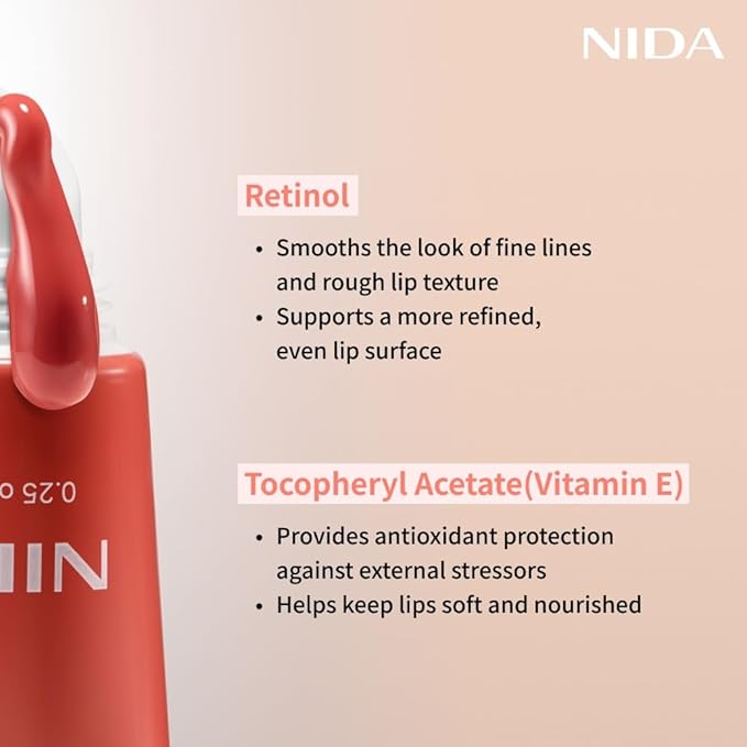 NIDA Retinol Glowy Lip Serum | Hydrating Lip Serum for Glossy, Nourished Plumping Lips | For Irresistibly Kissable Lips | 0.25 oz., 7g