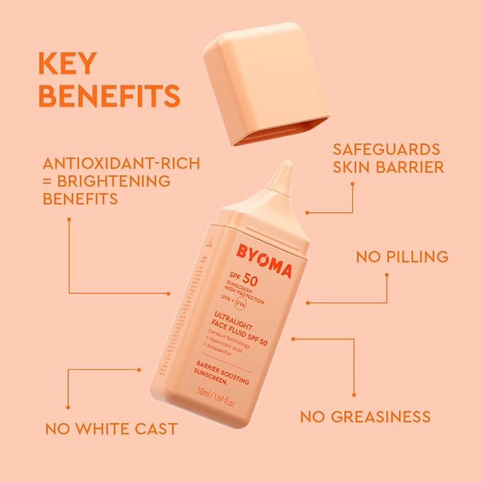 BYOMA SPF 50 Face Fluid - Ultra-Lightweight Facial Sunscreen for All Skin Tones - Luminous Glow, No White Cast - SPF Moisturizer Strengthens Skin Barrier - 1.69 fl.oz