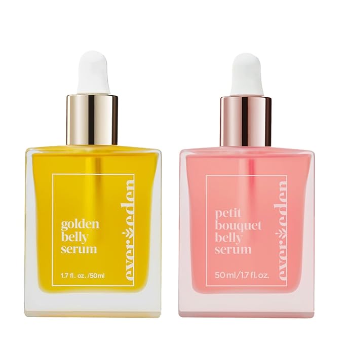 Evereden Golden Belly Serum, 1.7 fl oz., & Petit Bouquet Belly Serum, 1.7 fl oz. | Clean & Vegan Women's Belly Oil for Pregnancy and Postpartum Maternity Skincare | Non-Toxic Ingredients