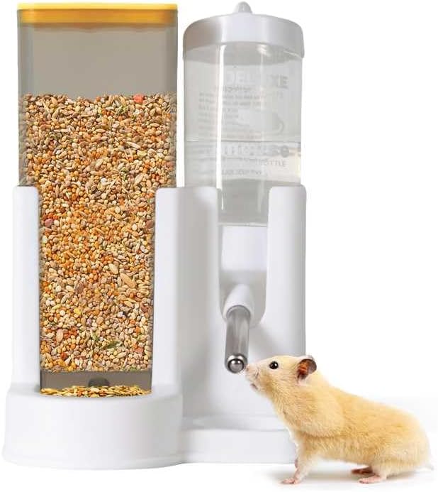 Hamster Water Bottle Standing Guinea Pig Water Dispenser with No Drip 2 in 1 Small Animal Automatic Food Bowl for Cage Accessories for Chinchilla Ferret (Yellow, 5.91 in X 4.13 in X 4.33 in)