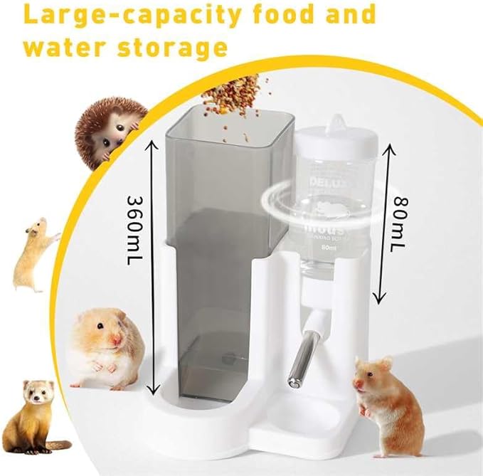 Hamster Water Bottle Standing Guinea Pig Water Dispenser with No Drip 2 in 1 Small Animal Automatic Food Bowl for Cage Accessories for Chinchilla Ferret (Yellow, 5.91 in X 4.13 in X 4.33 in)