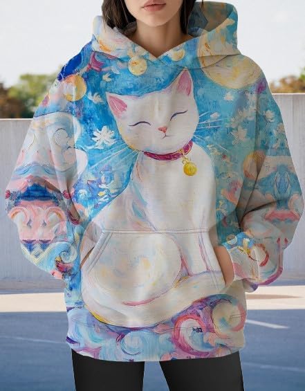 Womens Funny Cat Hoodies Oversized Graphic Hooded Sweatshirt for Women Fall Plus Size Pullover Hoodie Y2K