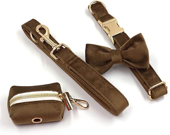 PETDURO Personalized Dog Collar Brown Soft Velvet for Large Medium Small Boy Girl Dogs - Custom Collar with Name Phone Engraved on Gold Metal Buckle - Add Matching Leash Bow Set via Customize Now