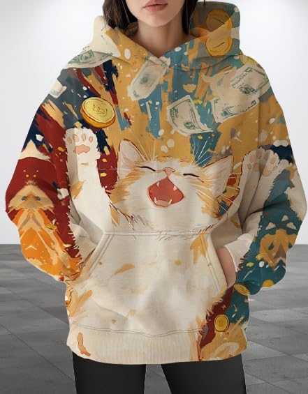 Womens Funny Cat Hoodies Oversized Graphic Hooded Sweatshirt for Women Fall Plus Size Pullover Hoodie Y2K