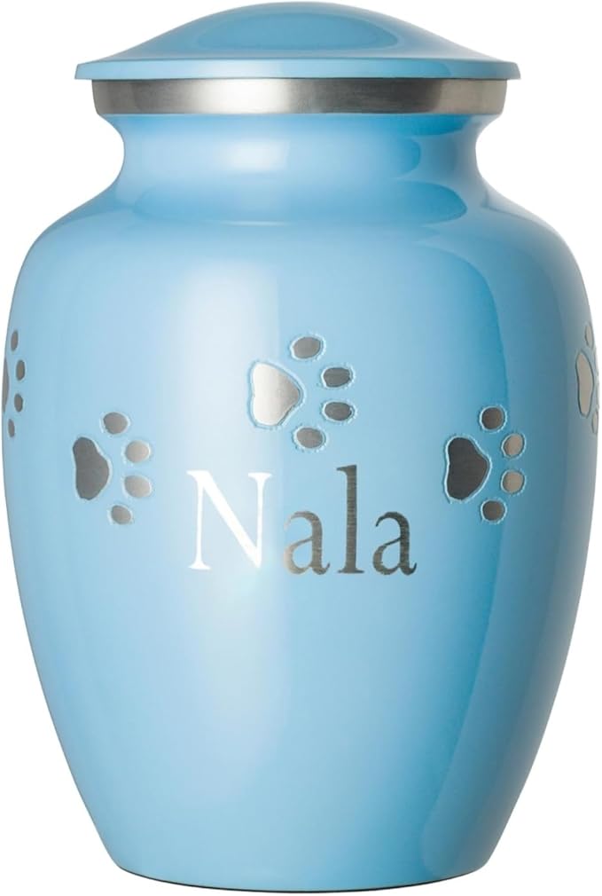 Pet Urn for Dogs and Cats with Personalized Laser Engraving, Ottillie Paws Premier Series Memorial Urns (X-Large Baby Blue with Horizontal Pewter Paws)