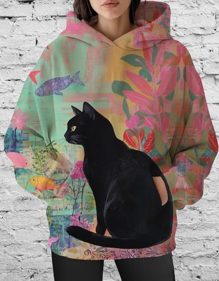 Womens Funny Cat Hoodies Oversized Graphic Hooded Sweatshirt for Women Fall Plus Size Pullover Hoodie Y2K