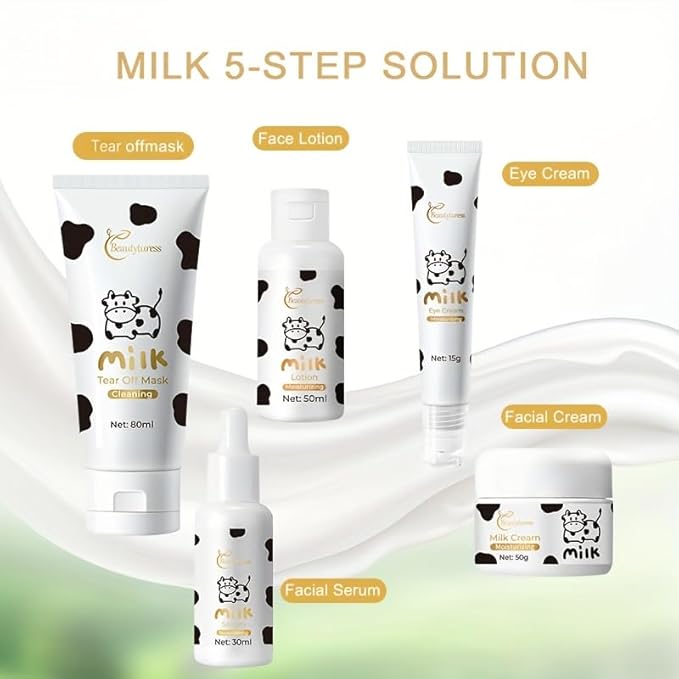 5 Piece Milk Face Skin care Kit for Teens - Including Tear Off Mask , Moisturizer, Eye Serum, and Facial Cream, Travel Essentials - Ideal for All Skin Types, Skincare for Girls 10-12