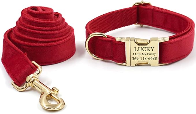PETDURO Personalized Dog Collar Red Soft Velvet for Large Medium Small Boy Girl Dogs - Custom Collar with Name Phone Number Engraved on Gold Metal Buckle - Add Matching Leash Bow Set via Customize Now