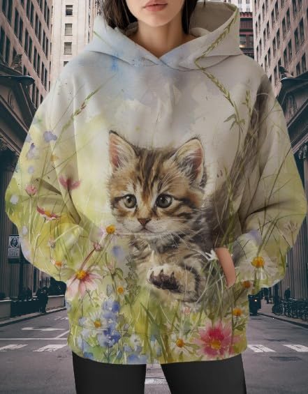 Womens Funny Cat Hoodies Oversized Graphic Hooded Sweatshirt for Women Fall Plus Size Pullover Hoodie Y2K