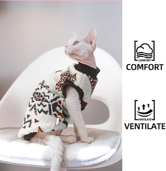 Sphynx Cat Clothes,Boho Style Cat Clothes for Fall Winter, 2-Legged Fleece Lined Warm Shirt, Soft Plush Sweater for Hairless Cats Devon Rex (Beige, Large (5-6.5 lbs))