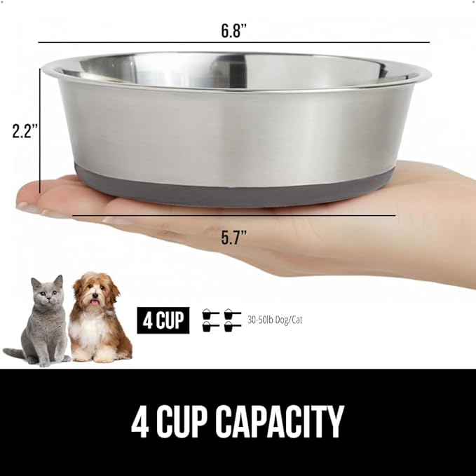 GORILLA GRIP Dog Bowl, Holds 4 Cups (32 fl oz), Heavy Duty Metal Food and Water Bowl for Feeding Dogs and Cats, Easy Clean, Dishwasher Safe, Rust Resistant Stainless Steel, BPA Free Rubber Base, Gray