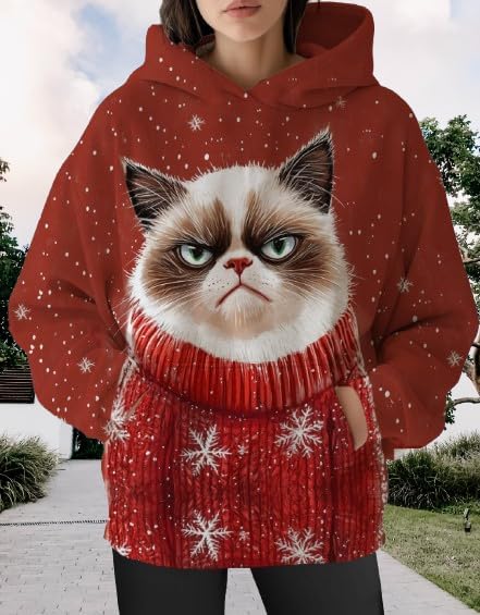 Womens Funny Cat Hoodies Oversized Graphic Hooded Sweatshirt for Women Fall Plus Size Pullover Hoodie Y2K