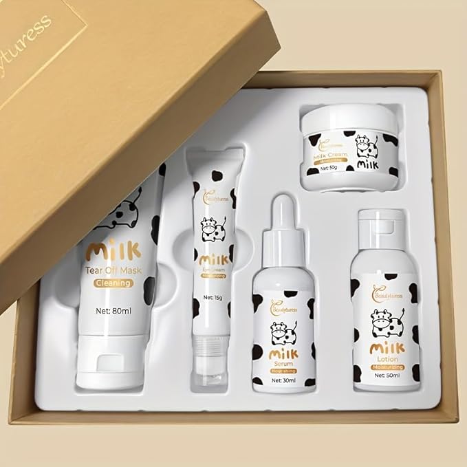 5 Piece Milk Face Skin care Kit for Teens - Including Tear Off Mask , Moisturizer, Eye Serum, and Facial Cream, Travel Essentials - Ideal for All Skin Types, Skincare for Girls 10-12