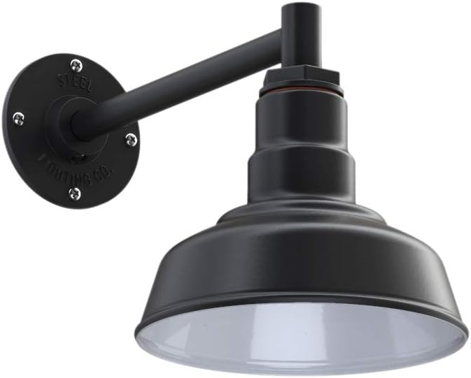 Steel Lighting Co. | Dusk to Dawn | Hawthorne Barn Light | Outdoor Wall Mounted | 8 in Dome | 11 inch Straight Arm| Small Farmhouse Light Made in America | Matte Black Exterior/White Interior