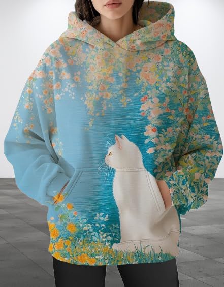 Womens Funny Cat Hoodies Oversized Graphic Hooded Sweatshirt for Women Fall Plus Size Pullover Hoodie Y2K