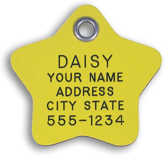 LuckyPet Plastic Pet ID Tags - Dog Personalized IDs - Durable Engraved Name Noiseless Tag - Suitable for Dogs and Cats - Outlasts Most Aluminum Tags - Medium, Yellow Star