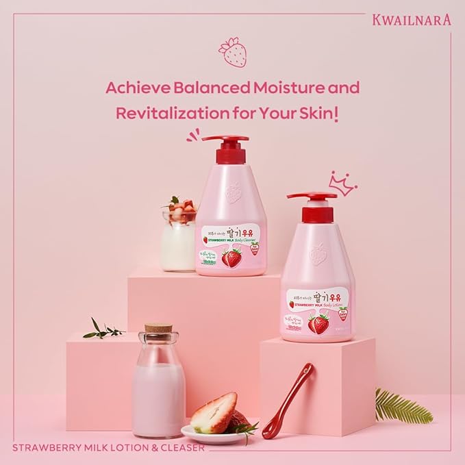 Kwailnara Strawberry Milk Body Wash & Lotion Set (19.75 Oz Each) – 2-Piece Korean Skincare Duo for Hydrated & Smooth Skin | Milk Protein, Royal Jelly & Exfoliating Strawberry Extract | Paraben-Free