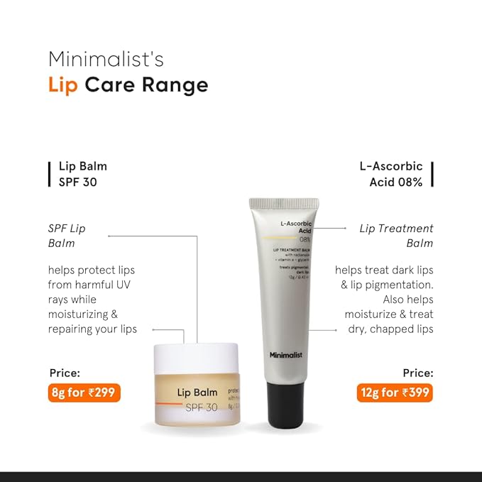 Minimalist Lip Balm for Moisturizing, Softening & Brightening Lips | L-Ascorbic Acid 8% with Vitamin E, Radianskin & Glycerine | For Women & Men | 0.42 Oz / 12 gm