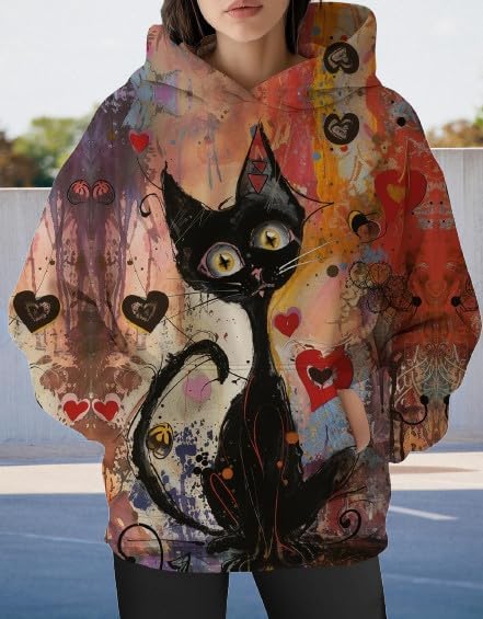 Womens Funny Cat Hoodies Oversized Graphic Hooded Sweatshirt for Women Fall Plus Size Pullover Hoodie Y2K