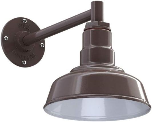 Steel Lighting Co. | Dusk to Dawn | Hawthorne Barn Light | Outdoor Wall Mounted | 8 in Dome | 11 inch Straight Arm| Small Farmhouse Light Made in America | Dark Bronze Exterior/White Interior