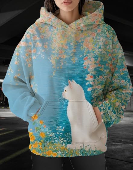 Womens Funny Cat Hoodies Oversized Graphic Hooded Sweatshirt for Women Fall Plus Size Pullover Hoodie Y2K