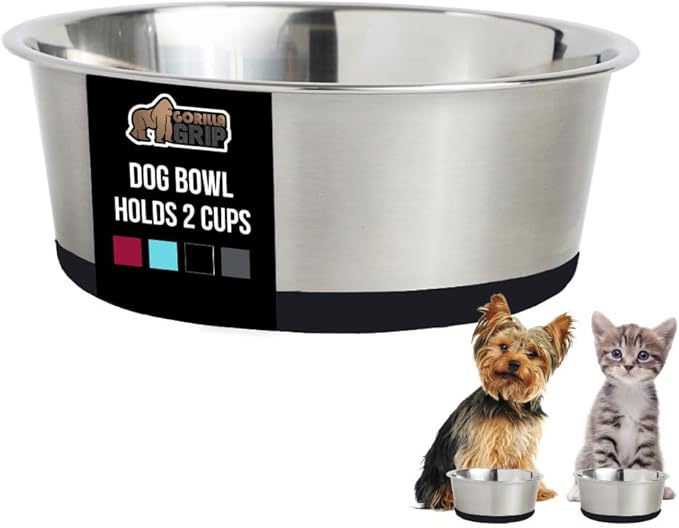 GORILLA GRIP Dog Bowl, Holds 2 Cups (16 fl oz), Heavy Duty Metal Food and Water Bowl for Feeding Dogs and Cats, Easy Clean, Dishwasher Safe, Rust Resistant Stainless Steel, BPA Free Rubber Base, Black