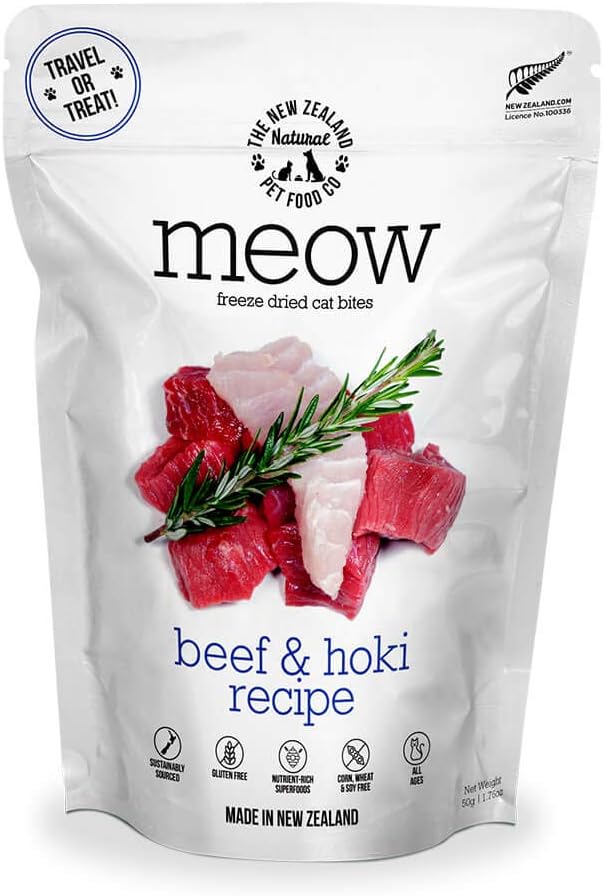 The New Zealand Natural Pet Food Co. Meow Freeze Dried Cat Food - Beef & Hoki Recipe, High Protein, Meals & Toppers, Dry Cat Food,1.76 oz