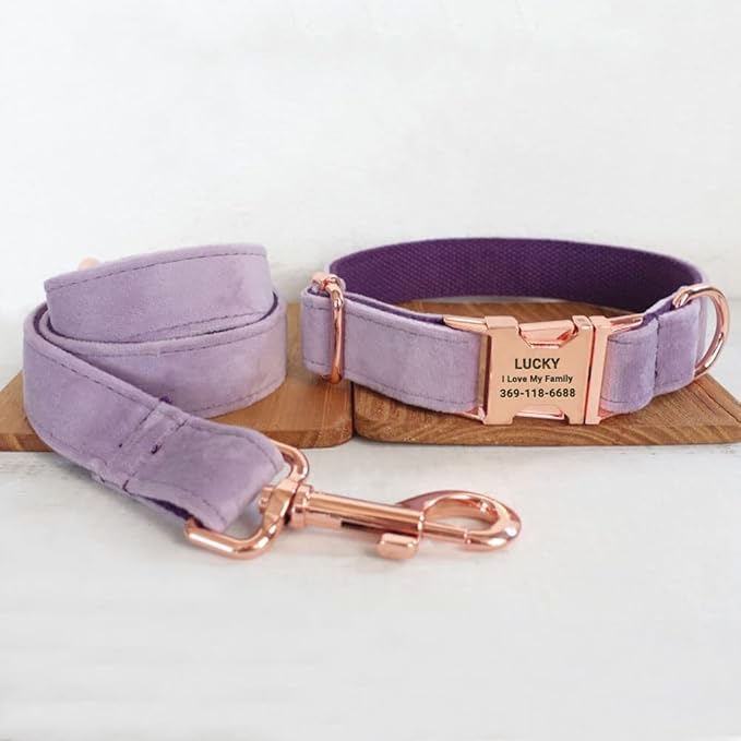 PETDURO Personalized Dog Collar Lavender Soft Velvet for Large Medium Small Boy Girl Dogs - Custom Collar with Name Phone Engraved on Rose Gold Metal Buckle - Add Leash Bow Set via Customize Now