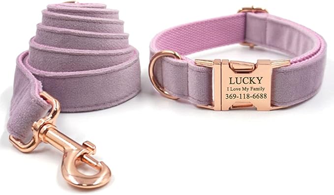PETDURO Custom Dog Collar Personalized with Name Engraved Quick Release Rose Gold Metal Buckle for Large Medium Small Girl Dogs - Dog Leash and Bow Tie Available - Soft Comfy Velvet (Purple, S)