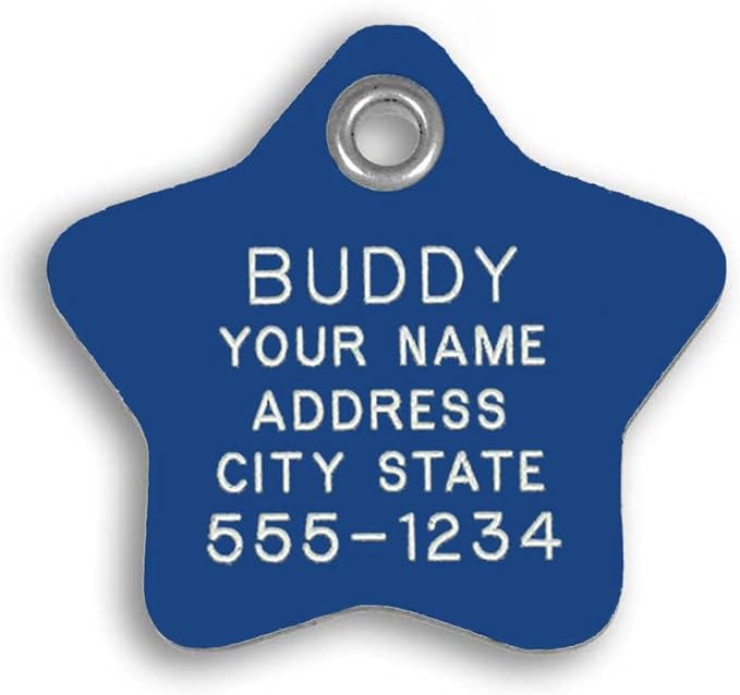 LuckyPet Plastic Pet ID Tags - Dog Personalized IDs - Durable Engraved Name Noiseless Tag - Suitable for Dogs and Cats - Outlasts Most Aluminum Tags - Small, Blue Star