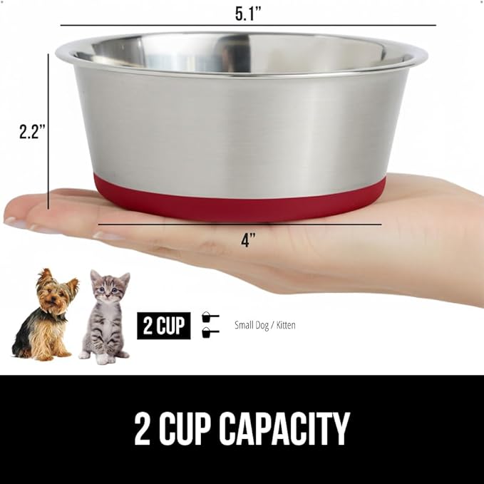 GORILLA GRIP Dog Bowl, Holds 2 Cups (16 fl oz), Heavy Duty Metal Food and Water Bowl for Feeding Dogs and Cats, Easy Clean, Dishwasher Safe, Rust Resistant Stainless Steel, BPA Free Rubber Base, Red