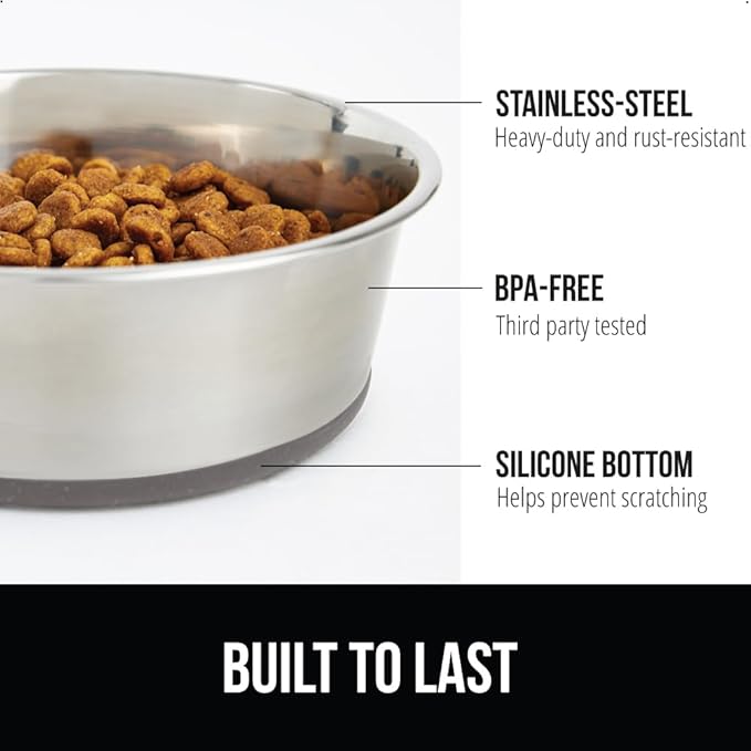 GORILLA GRIP Dog Bowl, Holds 4 Cups (32 fl oz), Heavy Duty Metal Food and Water Bowl for Feeding Dogs and Cats, Easy Clean, Dishwasher Safe, Rust Resistant Stainless Steel, BPA Free Rubber Base, Gray
