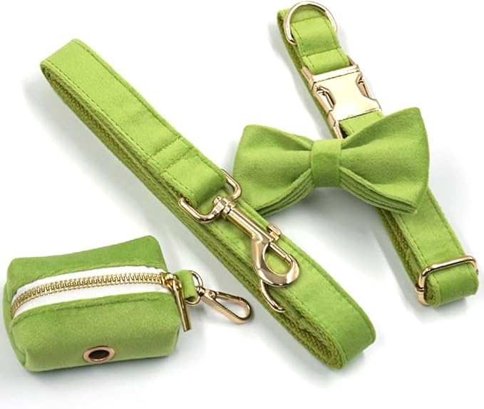 PETDURO Custom Dog Collar Personalized with Name Engraved Quick Release Rose Gold Metal Buckle for Large Medium Small Girl Dogs - Dog Leash and Bow Tie Available - Soft Comfy Velvet (Green, L)