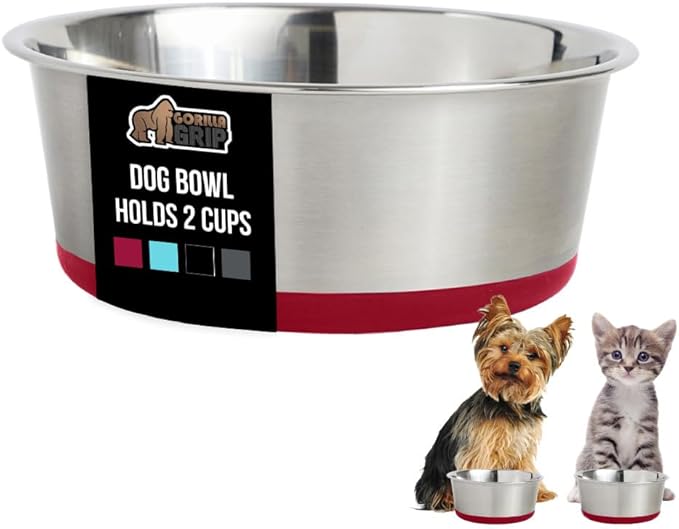 GORILLA GRIP Dog Bowl, Holds 2 Cups (16 fl oz), Heavy Duty Metal Food and Water Bowl for Feeding Dogs and Cats, Easy Clean, Dishwasher Safe, Rust Resistant Stainless Steel, BPA Free Rubber Base, Red