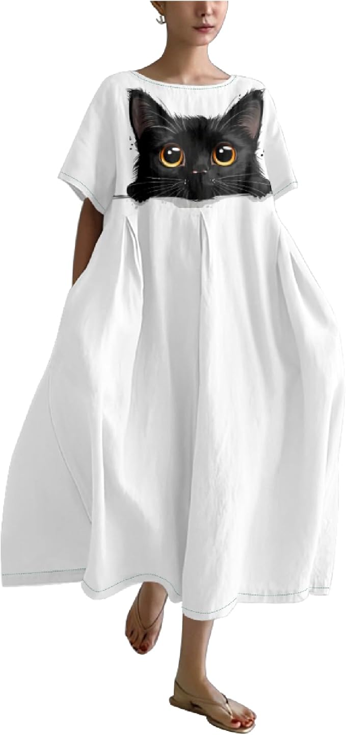 MARSVOVO Summer Dress for Women Funny Cat Graphic Cute Short Sleeve Maxi Dress Causal Plus Size Party Dress for Women