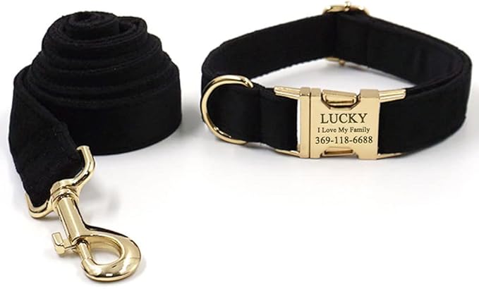 PETDURO Custom Dog Collar Personalized with Name Engraved Quick Release Rose Gold Metal Buckle for Large Medium Small Girl Dogs - Dog Leash and Bow Tie Available - Soft Comfy Velvet (Black G, L)