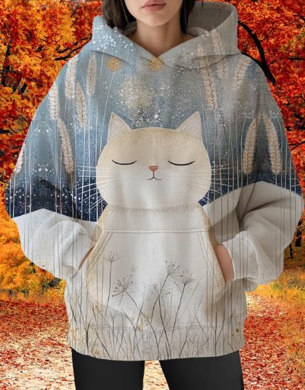 Womens Funny Cat Hoodies Oversized Graphic Hooded Sweatshirt for Women Fall Plus Size Pullover Hoodie Y2K