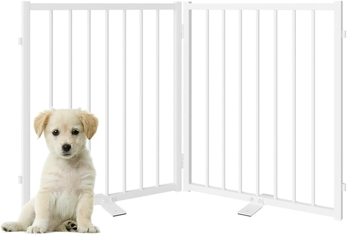 Full Metal Freestanding Gate with Door, 24'' Height Foldable Pet Dog Fence for Indoor & Outdoor, 2 Panels Extra Wide Free Standing Small Dog Gates for Doorways,House,Stairs,Porch,Deck,Yard