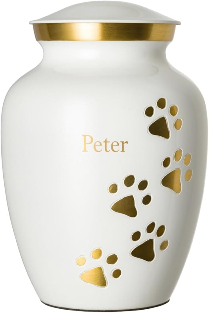 Pet Urn for Dogs and Cats with Personalized Laser Engraving, Ottillie Paws Premier Series Memorial Urns (X-Large Cloud White with Vertical Brass Paws)