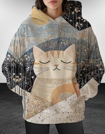 Womens Funny Cat Hoodies Oversized Graphic Hooded Sweatshirt for Women Fall Plus Size Pullover Hoodie Y2K