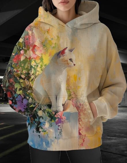 Womens Funny Cat Hoodies Oversized Graphic Hooded Sweatshirt for Women Fall Plus Size Pullover Hoodie Y2K