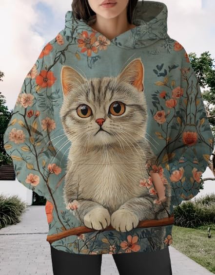 Womens Funny Cat Hoodies Oversized Graphic Hooded Sweatshirt for Women Fall Plus Size Pullover Hoodie Y2K