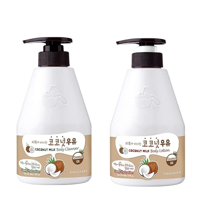 Kwailnara Coconut Milk Body Wash & Lotion Set (19.75 Oz Each) – 2-Piece Korean Skincare Duo for Hydrated & Silky Skin | Milk Protein, Royal Jelly & Restorative Coconut Extract | Paraben-Free