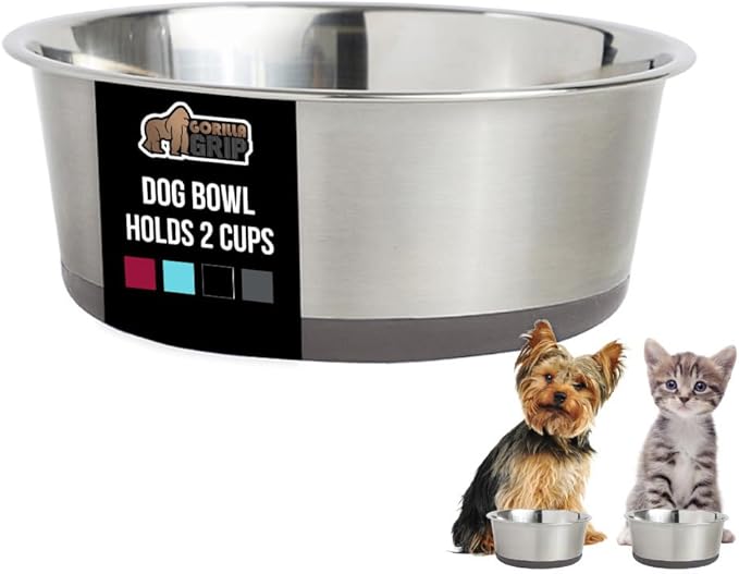 GORILLA GRIP Dog Bowls, Holds 2 Cups Each (16 fl oz), Heavy Duty Stainless Steel Food and Water Bowl for Feeding Dogs and Cats, Dishwasher Safe, Rust Resistant, BPA Free Rubber Base, Set of 2 Gray