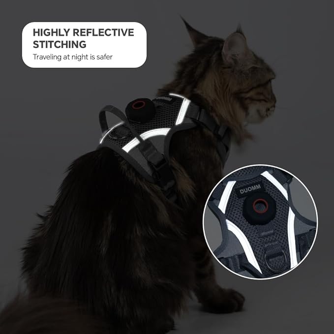 Cat Harness and Leash Set with AirTag Holder: Upgraded Escape Proof Vest with Lead for Small Dog Puppy Large Cat Walking，Soft Breathable Mesh Coat with Reflective Strip (Grey, L)
