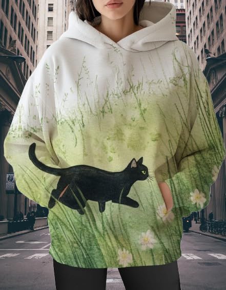 Womens Funny Cat Hoodies Oversized Graphic Hooded Sweatshirt for Women Fall Plus Size Pullover Hoodie Y2K