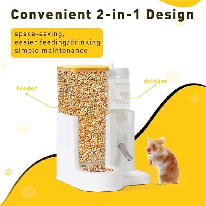 Hamster Water Bottle Standing Guinea Pig Water Dispenser with No Drip 2 in 1 Small Animal Automatic Food Bowl for Cage Accessories for Chinchilla Ferret (Yellow, 5.91 in X 4.13 in X 4.33 in)