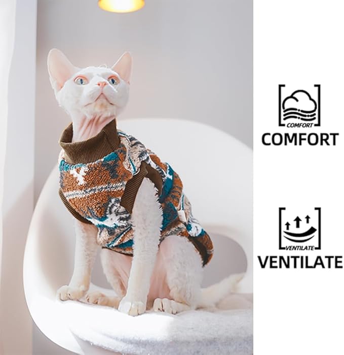 Sphynx Cat Clothes,Boho Style Cat Clothes for Fall Winter, 2-Legged Fleece Lined Warm Shirt, Soft Plush Sweater for Hairless Cats Devon Rex (Brown, Medium (3.5-5 lbs))