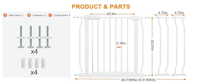 Extra Wide Baby Gate Extra Tall Dog Gate for Stairs Doorways White Metal Tension Child Pet Safety Gates with Pressure Mount 38.5-43.5 Inch Wide
